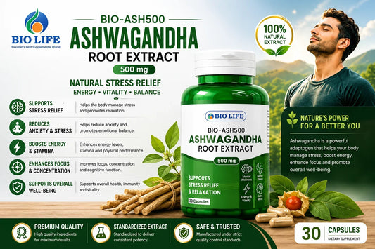 BioLife BIO-ASH500 Ashwagandha Root Extract 500mg - Best Ashwagandha Supplement in Pakistan for Stress Relief, Anxiety & Vitality Bio Life