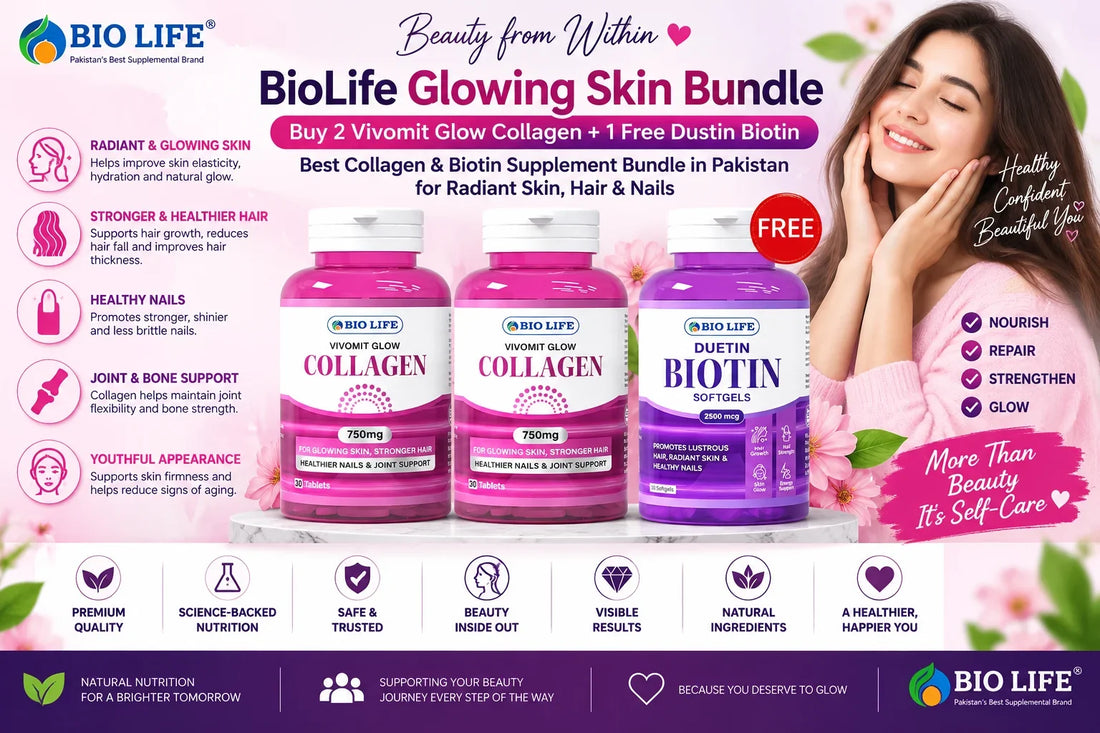 BioLife Glowing Skin Bundle (Buy 2 Vivomit Glow Collagen + 1 Free Dustin Biotin) - Best Collagen & Biotin Supplement Bundle in Pakistan for Radiant Skin, Hair & Nails Bio Life