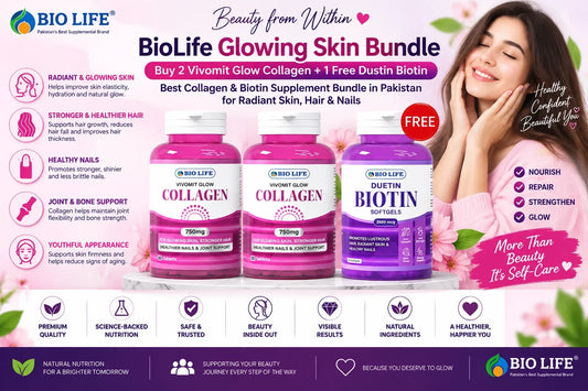 BioLife Glowing Skin Bundle (Buy 2 Vivomit Glow Collagen + 1 Free Dustin Biotin) - Best Collagen & Biotin Supplement Bundle in Pakistan for Radiant Skin, Hair & Nails Bio Life