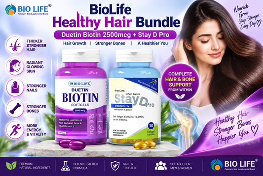 BioLife Healthy Hair Bundle (Duetin Biotin 2500mcg + Stay D Pro) - Best Hair Growth & Bone Health Supplement Bundle in Pakistan Bio Life