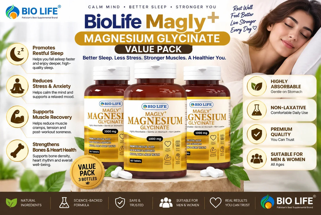 BioLife Magly+ Magnesium Glycinate Value Pack - Best High-Absorption Magnesium Supplement in Pakistan for Deep Sleep, Stress Relief & Muscle Recovery Bio Life