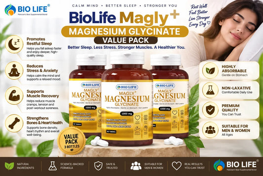 BioLife Magly+ Magnesium Glycinate Value Pack - Best High-Absorption Magnesium Supplement in Pakistan for Deep Sleep, Stress Relief & Muscle Recovery Bio Life