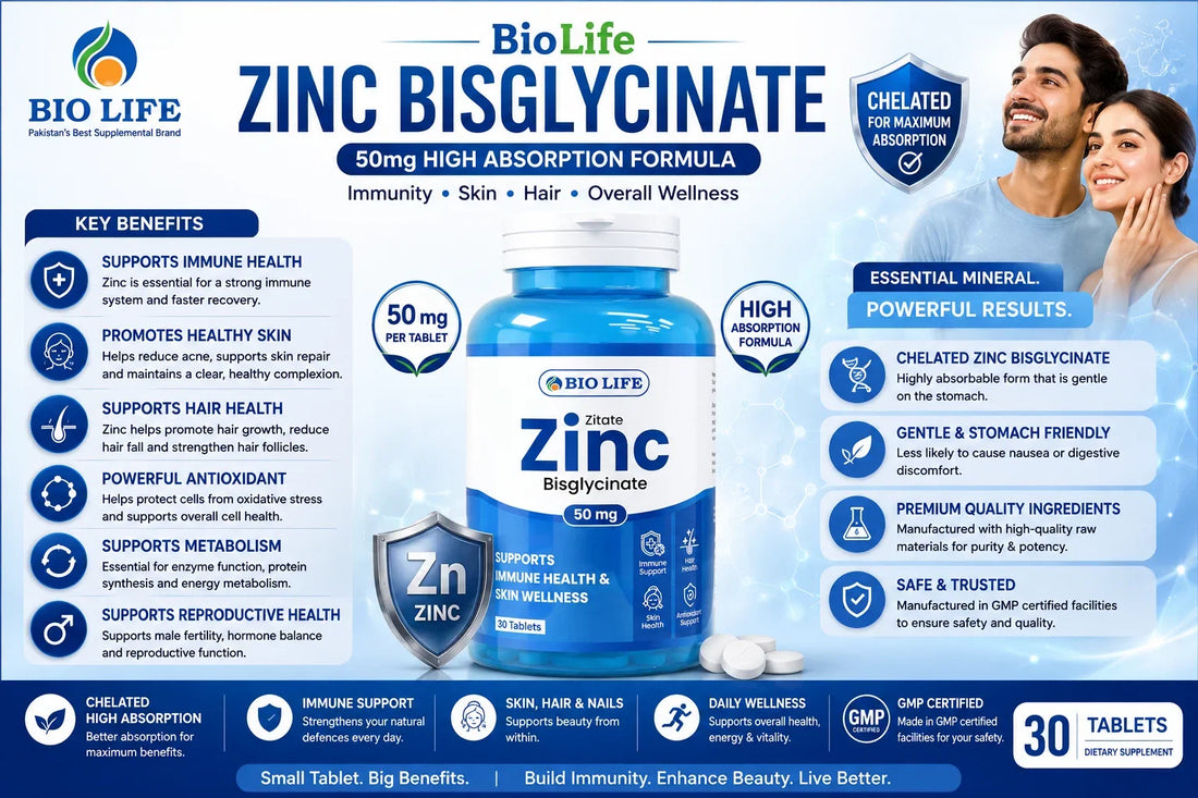 BioLife Zinc Bisglycinate 50mg - Best Chelated Zinc Supplement in Pakistan for Immunity, Skin & Hair Bio Life