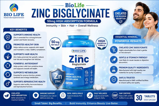 BioLife Zinc Bisglycinate 50mg - Best Chelated Zinc Supplement in Pakistan for Immunity, Skin & Hair Bio Life