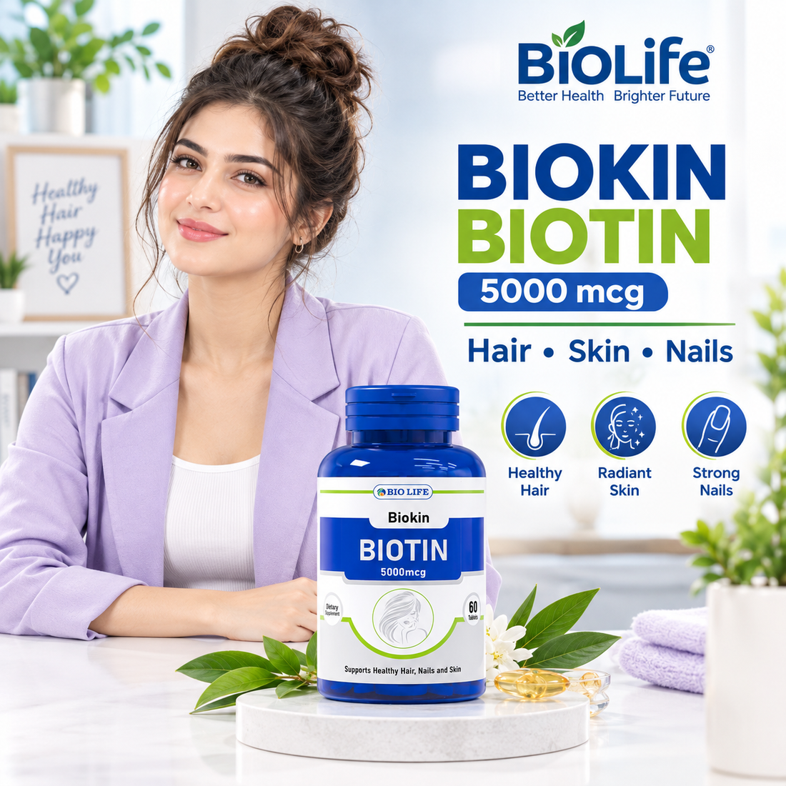 Biokin Biotin 5000mcg tablets bottle by Bio Life for hair, skin and nails