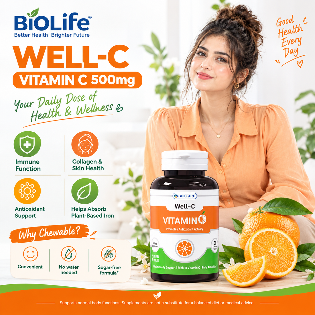 Well-C Vitamin C 500mg chewable tablets bottle by Bio Life