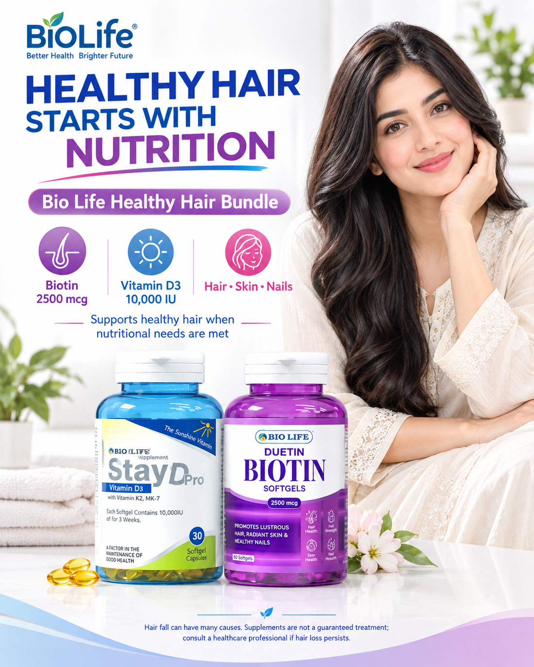 Bio Life Healthy Hair Bundle with Duetin Biotin 2500mcg and StayD Pro Vitamin D3 10,000 IU softgels