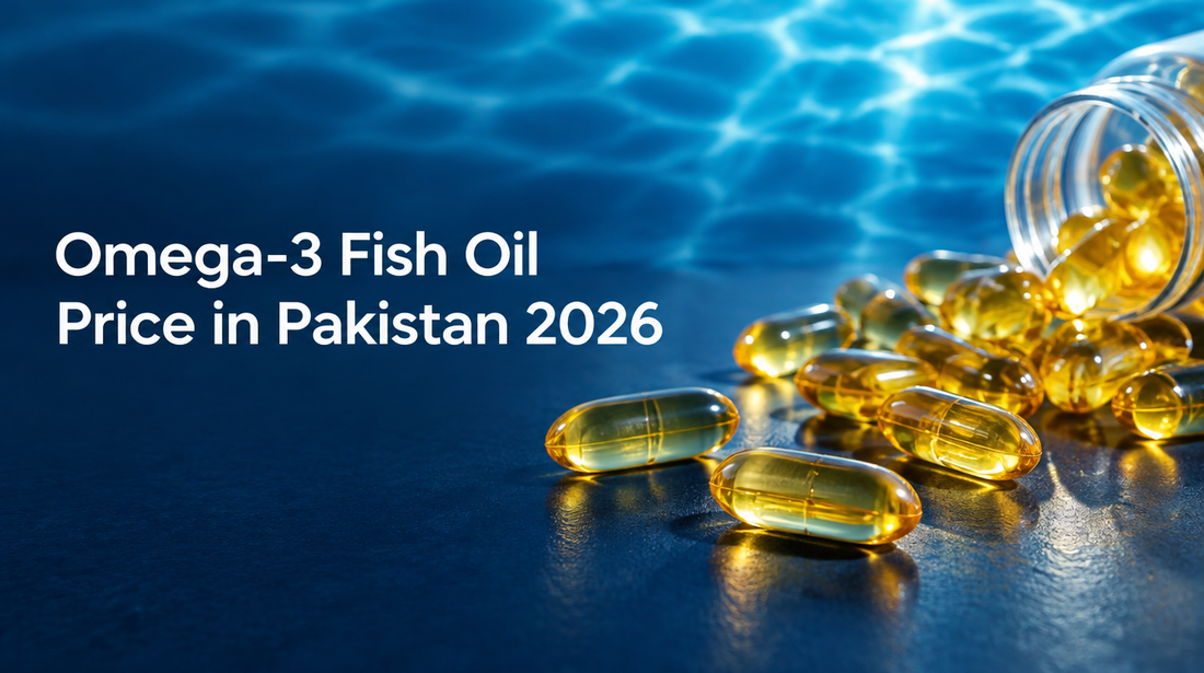Omega-3 fish oil price in Pakistan 2026 - golden softgels on ocean-blue background