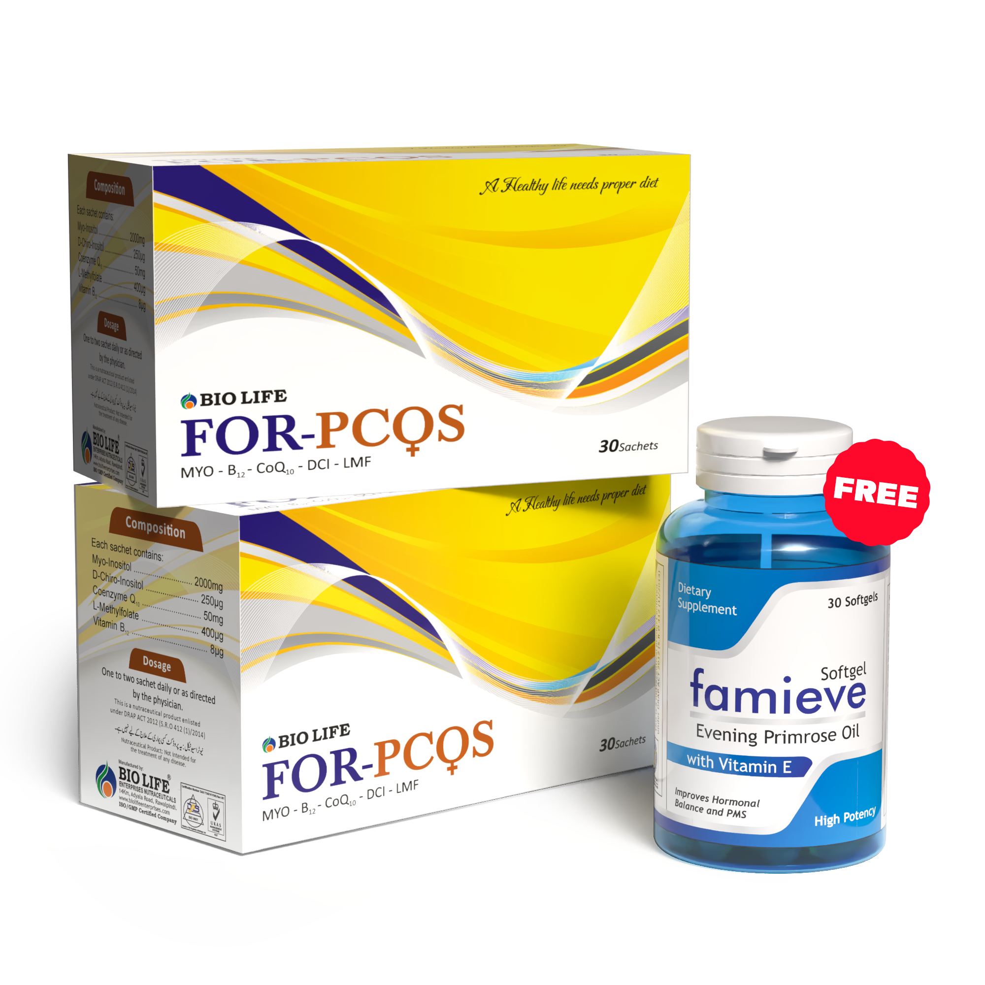 Fertility Support Combo – 2× FOR-PCOS Sachets + Famieve FREE Bio Life