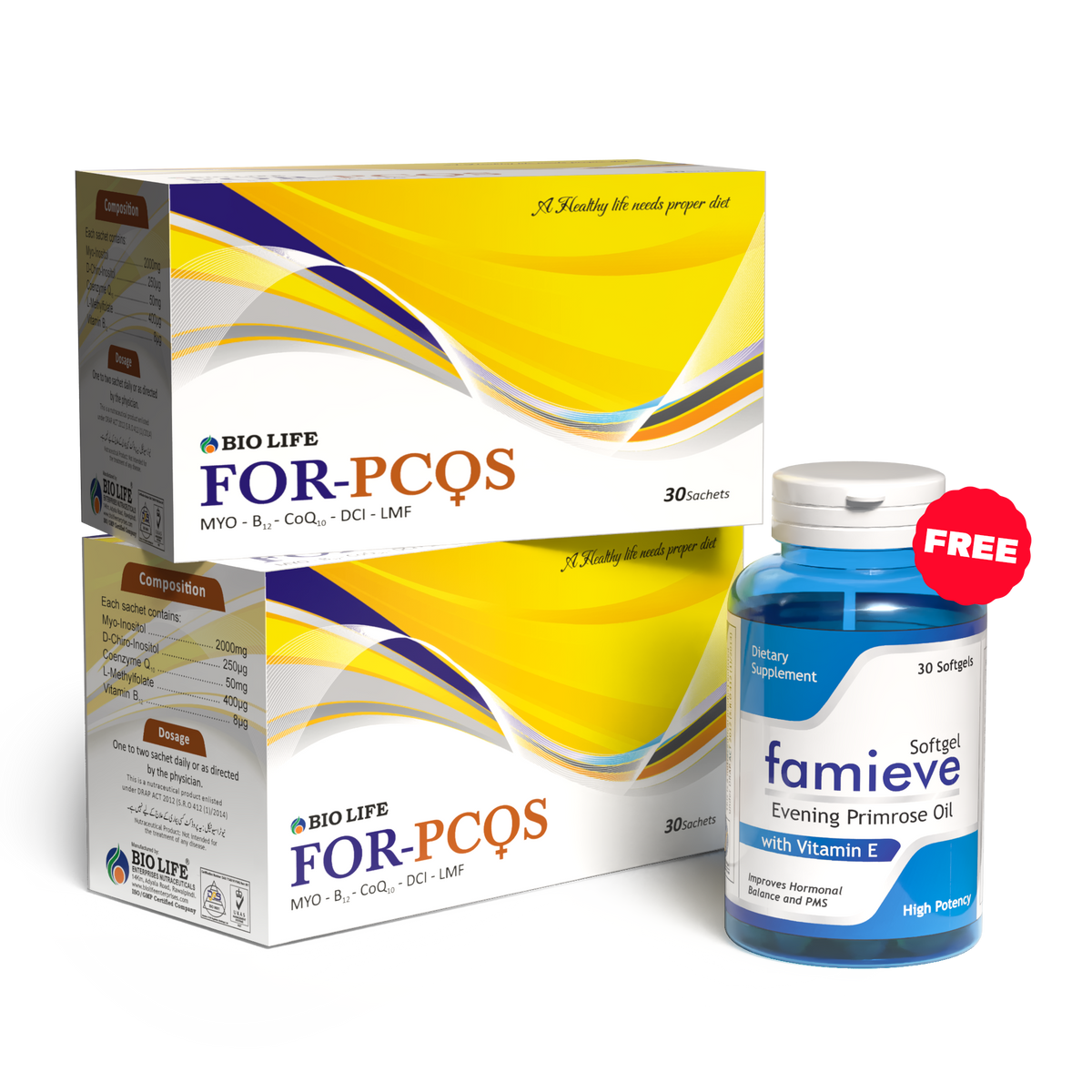 Fertility Support Combo – 2× FOR-PCOS Sachets + Famieve FREE Bio Life
