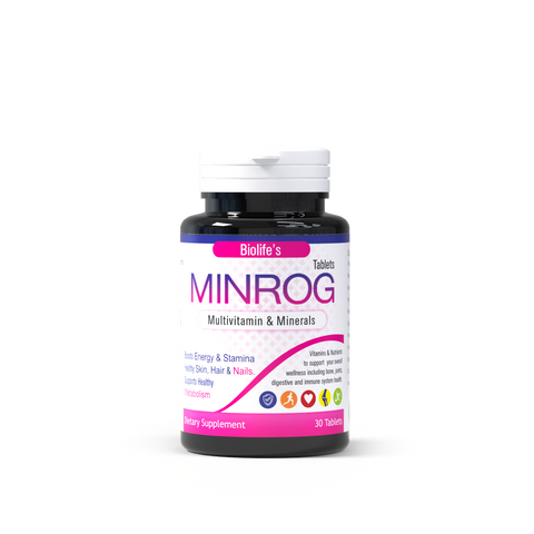 Biolife MINROG vitamin B complex multivitamin tablets – 30 tablets with B12, Folic Acid and Biotin