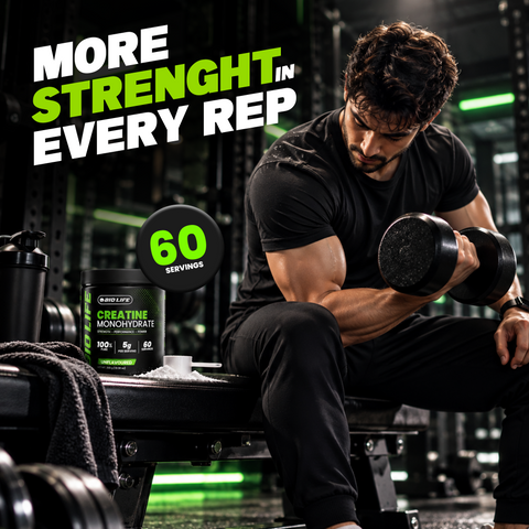 Athlete lifting a dumbbell next to a Biolife creatine monohydrate tub – 60 servings per tub