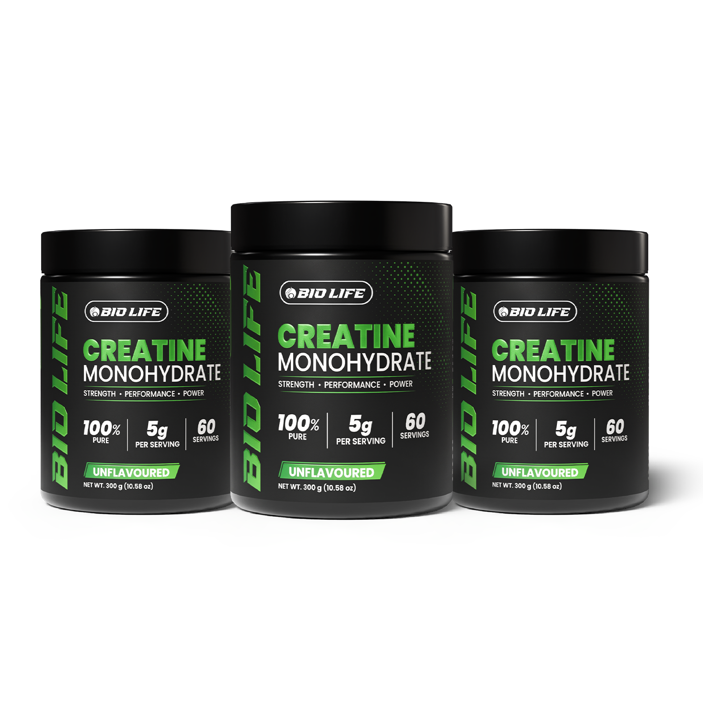 Biolife Creatine Monohydrate 3-tub bundle – 180 servings, 300g unflavoured creatine powder
