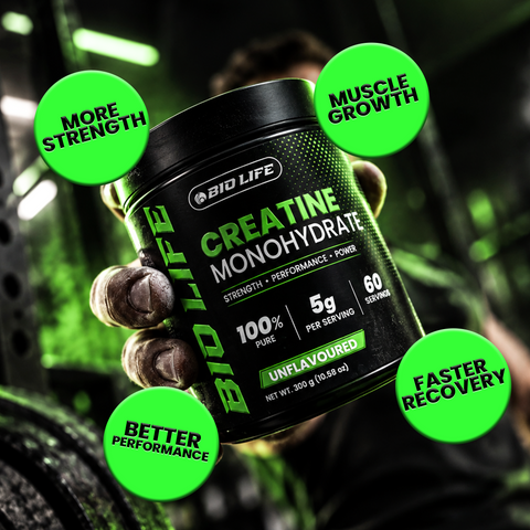 Biolife creatine monohydrate tub held in a gym – strength, performance and recovery support
