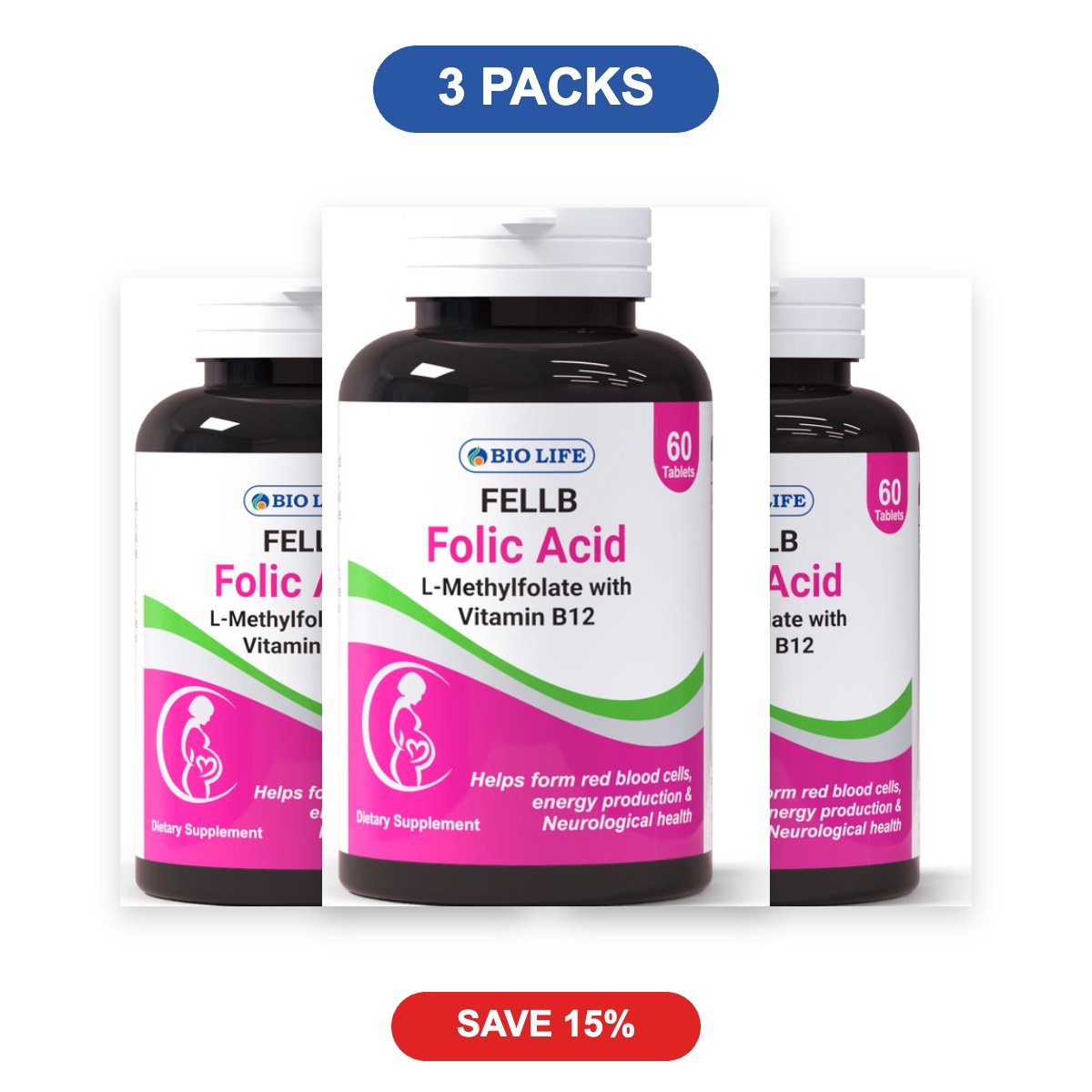 Fell-B Folic Acid Tablets with Vitamin B12 - 3 Packs