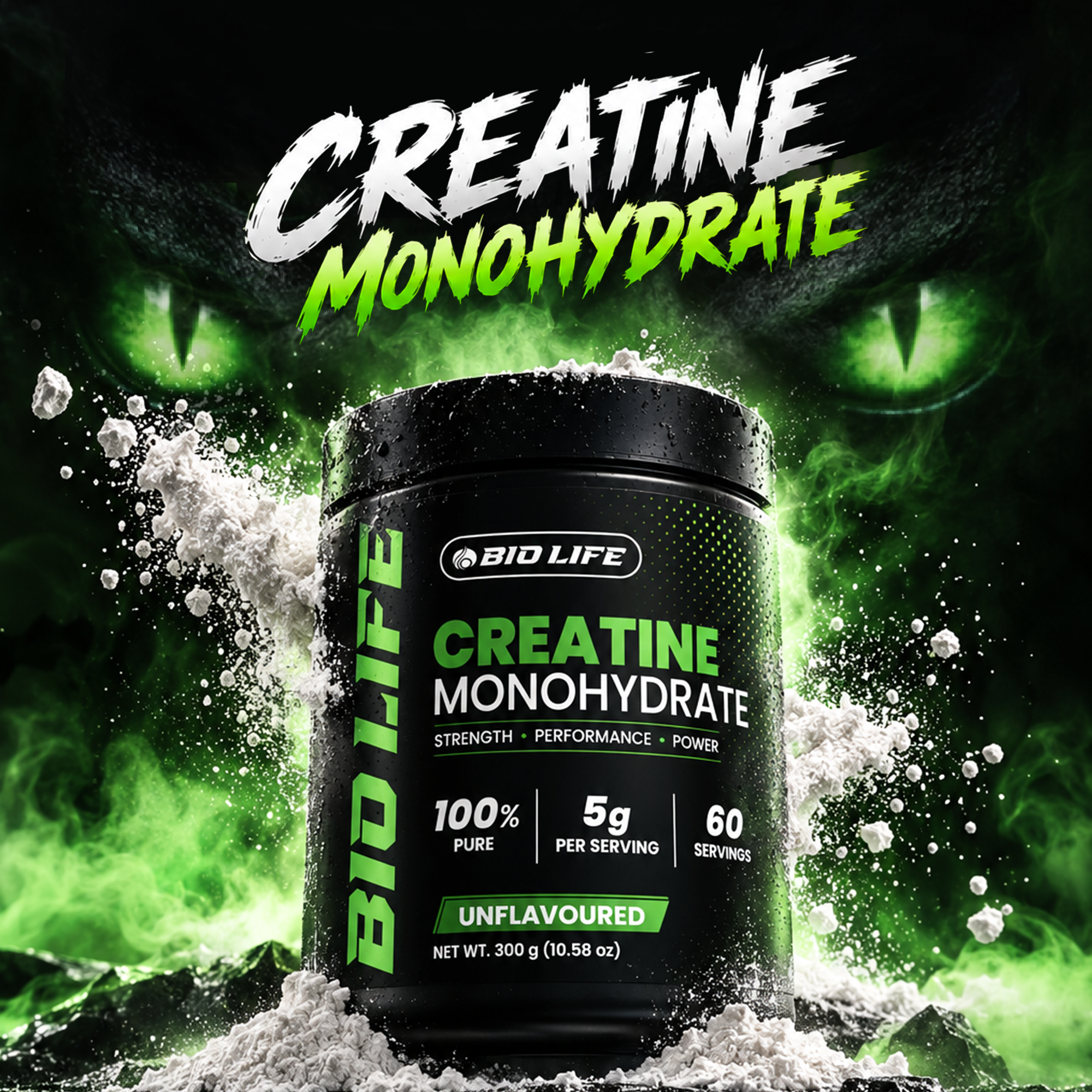 Biolife 100% pure creatine monohydrate powder tub with scattered creatine powder – strength supplement Pakistan