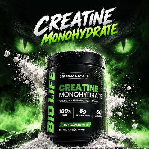 Biolife 100% pure creatine monohydrate powder tub with scattered creatine powder – strength supplement Pakistan
