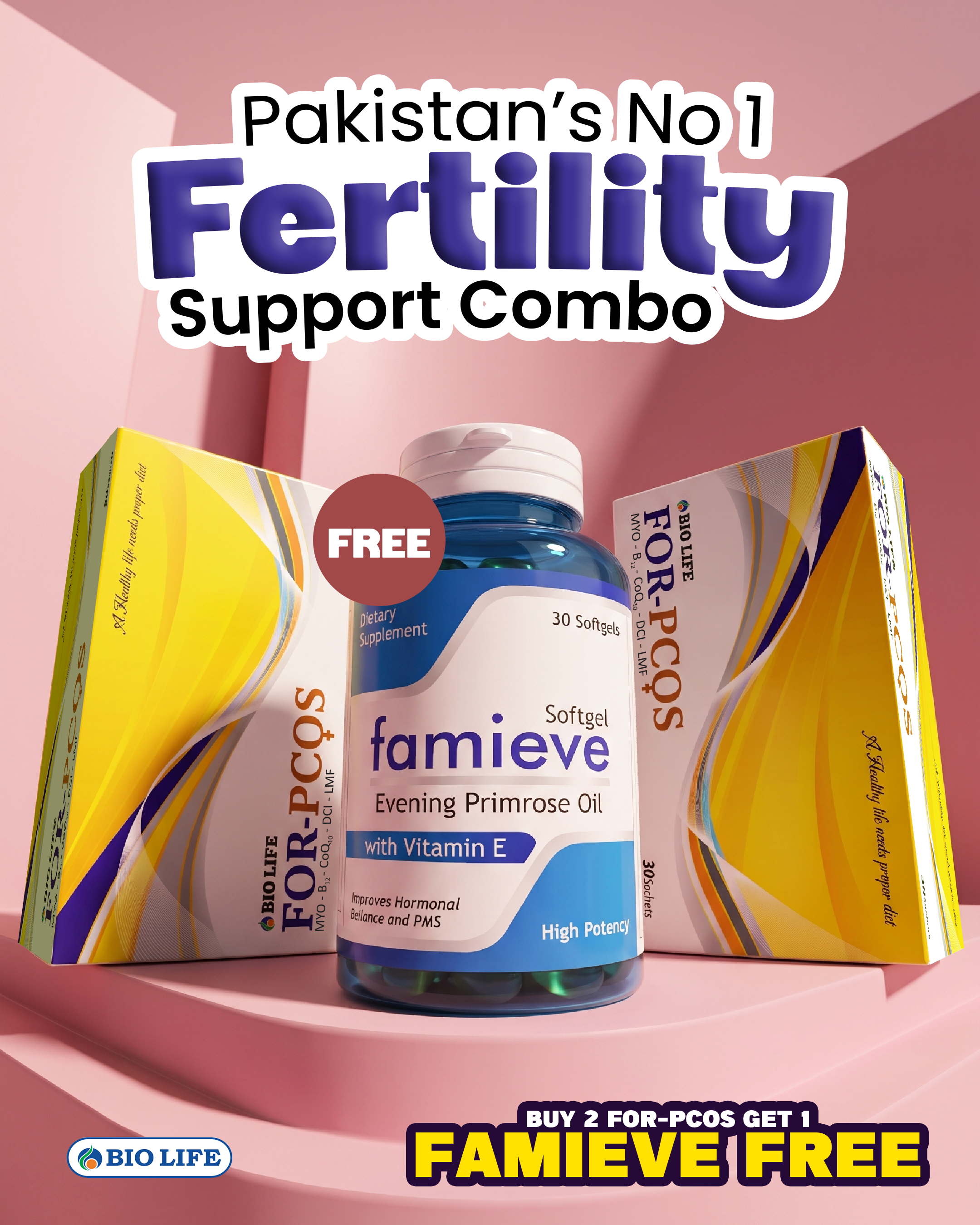 Bio Life Fertility Support Combo – 2 boxes FOR-PCOS Sachets plus free Famieve Evening Primrose Oil, Pakistan