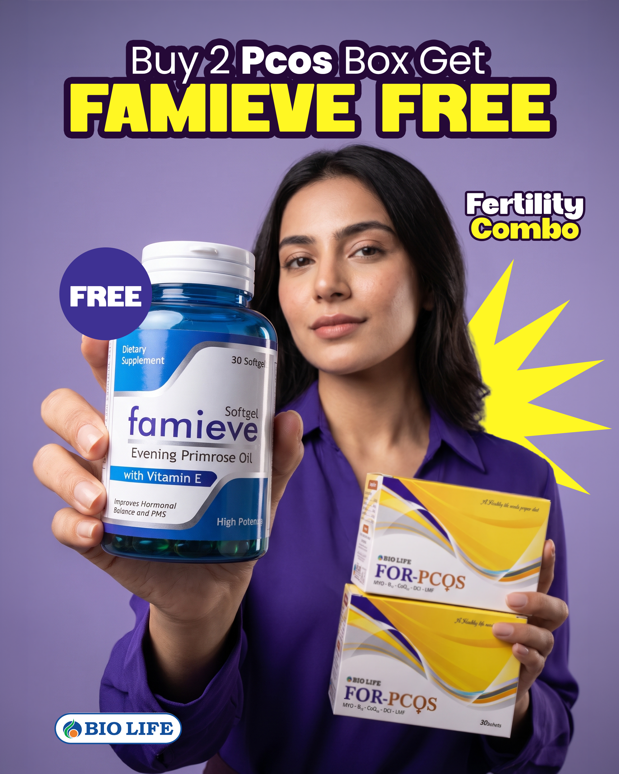 Woman holding Famieve and two FOR-PCOS boxes – Fertility Support Combo by Bio Life