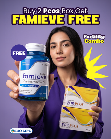 Woman holding Famieve and two FOR-PCOS boxes – Fertility Support Combo by Bio Life