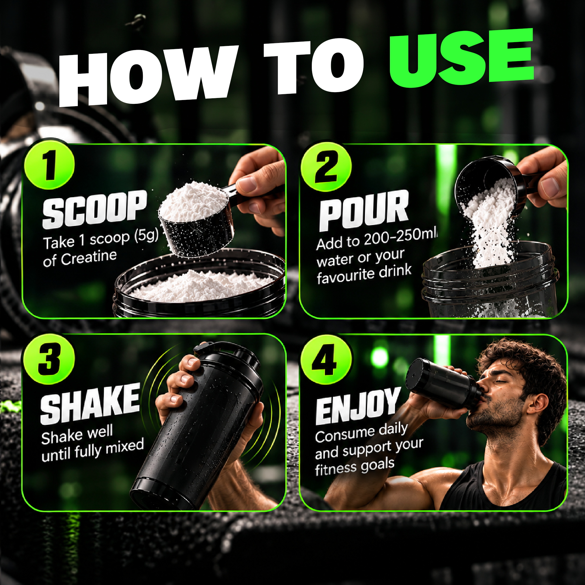 How to use Biolife creatine: scoop 5g, pour into 200–250ml water, shake, and drink daily
